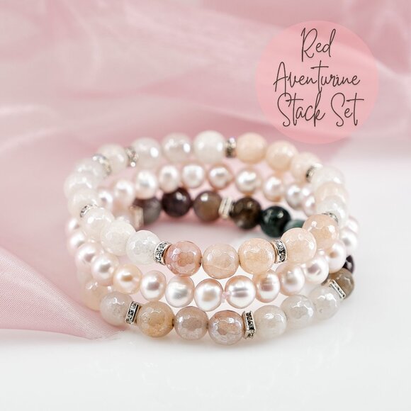 Aventurine Fancy Jasper & Pearl Bracelet, Dainty Stretch Bracelet Set of 3 - Picture 1 of 11